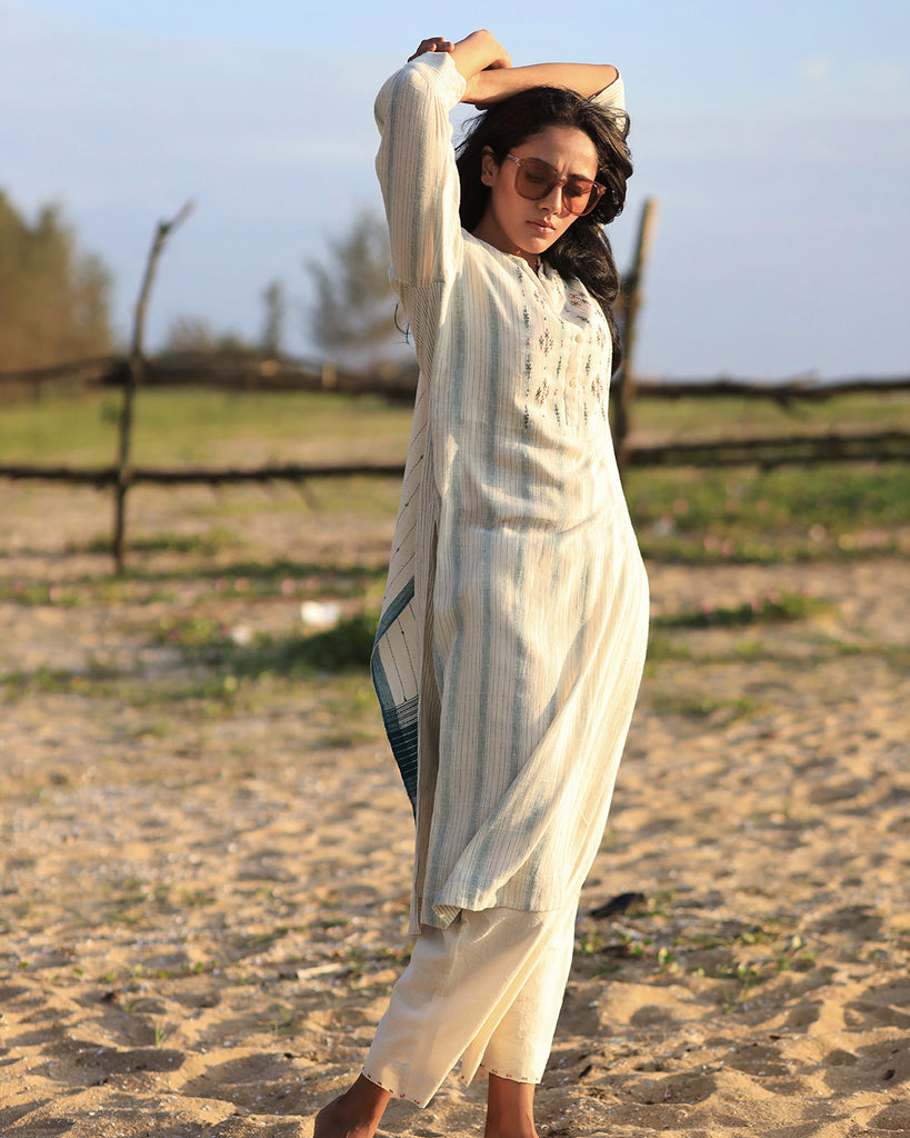 Pale Teal and Ecru Stripe Organic Cotton Kurta – Mantra Women’s wear