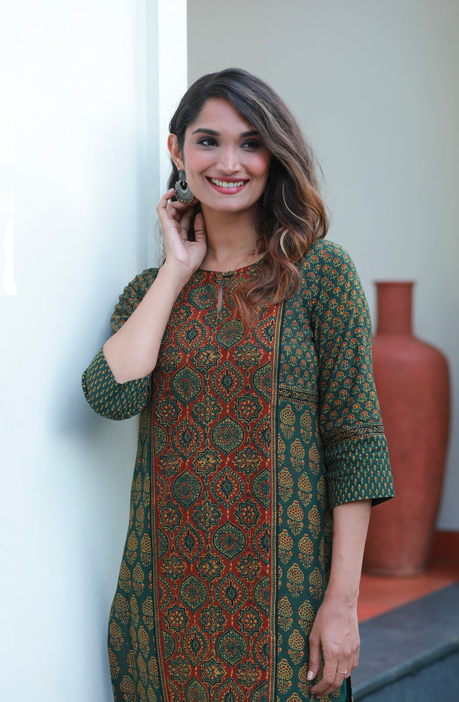 Dark Green and Madder Red Ajrakh Printed Mant