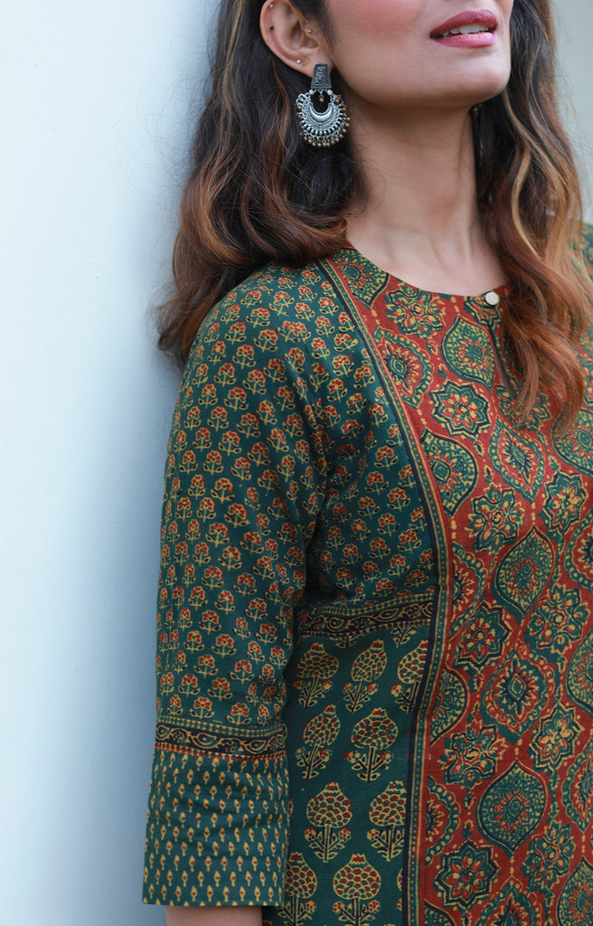 Dark Green and Madder Red Ajrakh Printed Mant