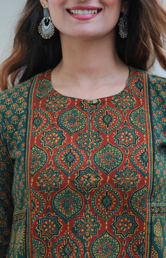 Dark Green and Madder Red Ajrakh Printed Mant